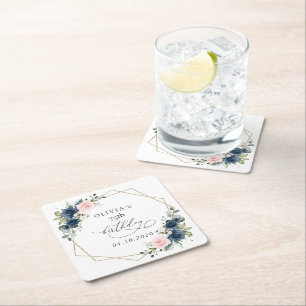 Navy Blue Flowers, Pink Flowers, Boho, Birthday Square Paper Coaster