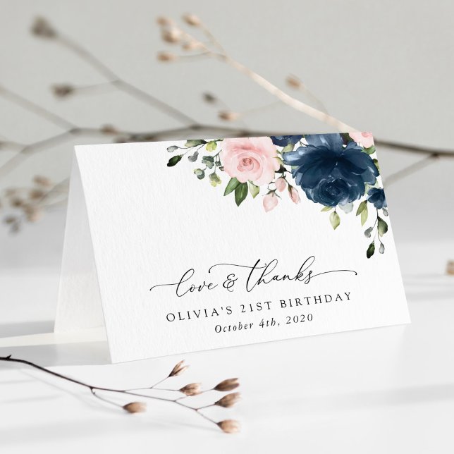 Navy Blue Flowers, Pink Flowers, Boho, Birthday Thank You Card (Creator Uploaded)
