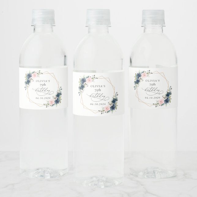 Navy Blue Flowers, Pink Flowers, Boho, Birthday Water Bottle Label (Bottles)