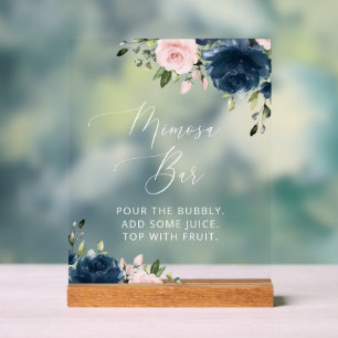 Navy Blue Flowers, Pink Flowers, Boho, Mimosa Bar  Acrylic Sign