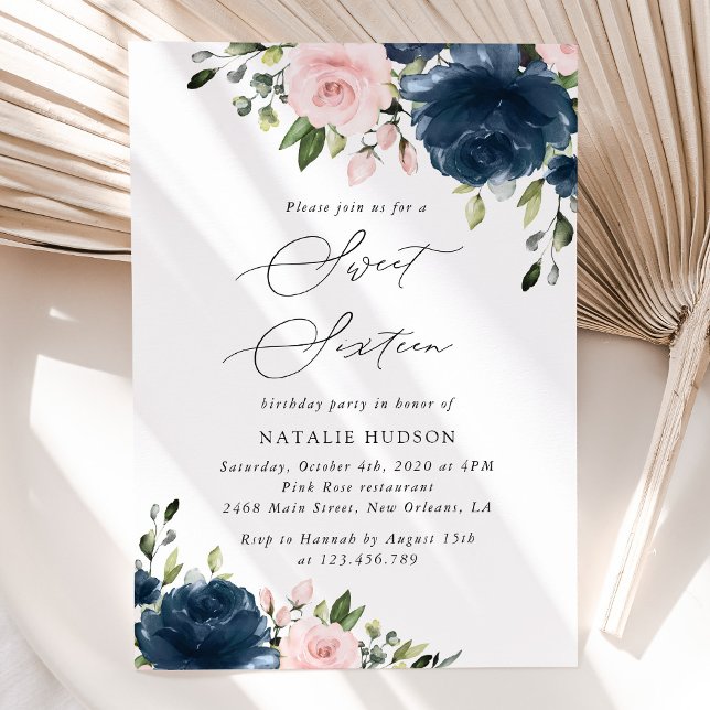 Navy Blue Flowers, Pink Flowers, Boho, Sweet 16 Invitation (Creator Uploaded)