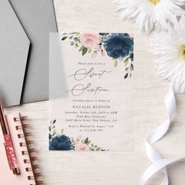 Navy Blue Flowers, Pink Flowers, Boho, Sweet 16 Vellum Invitations (Wedding)