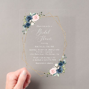 Navy Blue Flowers, Pink Flowers, Bridal Shower Acrylic Invitations