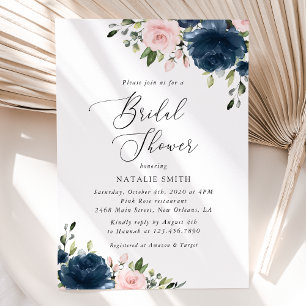 Navy Blue Flowers, Pink Flowers, Bridal Shower Invitation