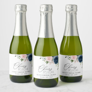 Navy Blue Flowers, Pink Flowers, Bridal Shower Sparkling Wine Label