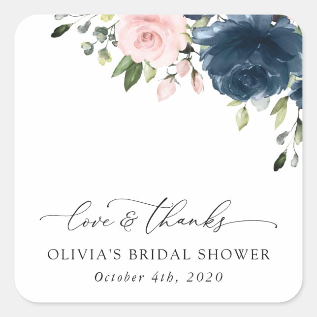 Navy Blue Flowers, Pink Flowers, Bridal Shower Square Sticker (Front)