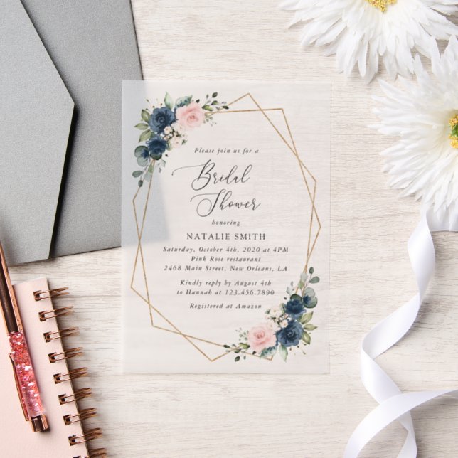 Navy Blue Flowers, Pink Flowers, Bridal Shower Vellum Invitations (Wedding)
