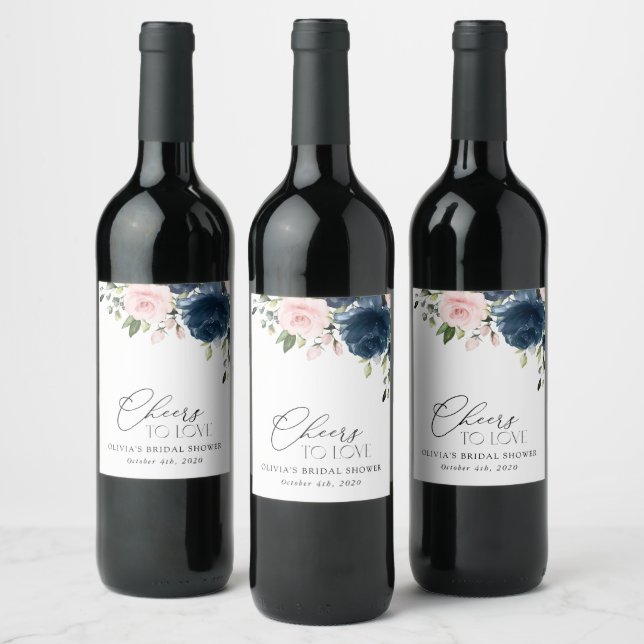 Navy Blue Flowers, Pink Flowers, Bridal Shower Wine Label (Bottles)