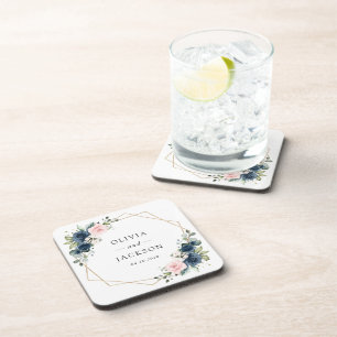 Navy Blue Flowers, Pink Flowers, Floral Wedding Coaster