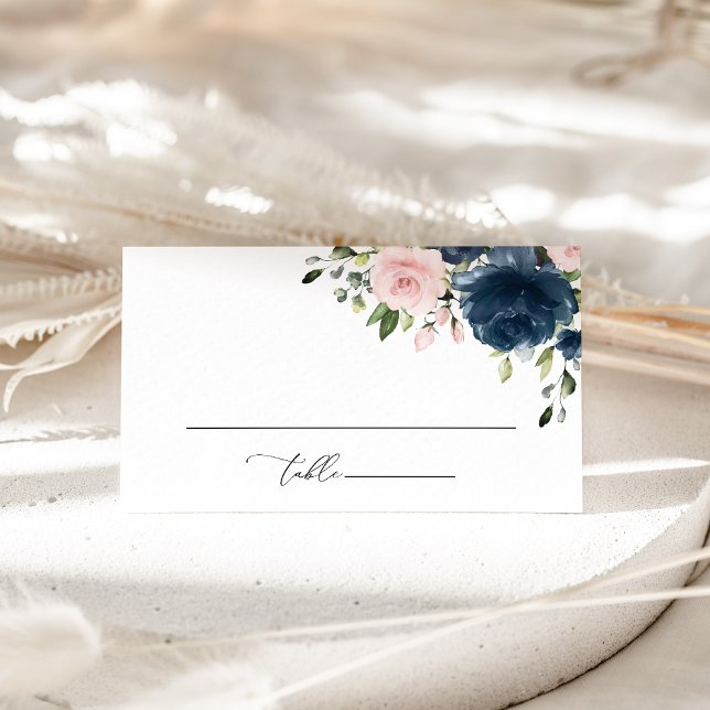 Navy Blue Flowers, Pink Flowers, Floral Wedding Place Card (Creator Uploaded)