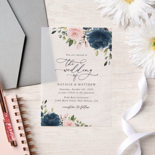 Navy Blue Flowers, Pink Flowers, Floral Wedding Vellum Invitations (Wedding)