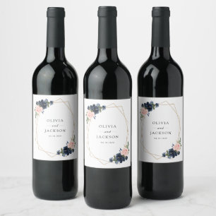Navy Blue Flowers, Pink Flowers, Floral Wedding Wine Label