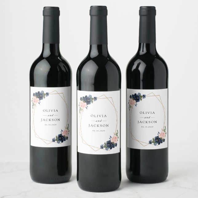Navy Blue Flowers, Pink Flowers, Floral Wedding  Wine Label (Bottles)