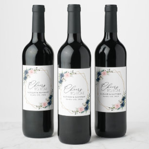 Navy Blue Flowers, Pink Flowers, Floral Wedding Wine Label