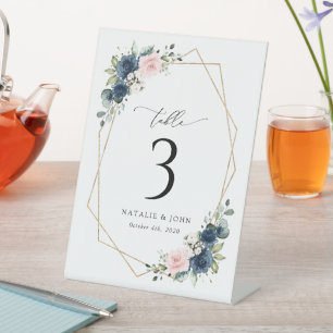Navy Blue Flowers, Pink Flowers, Table Numbers Pedestal Sign