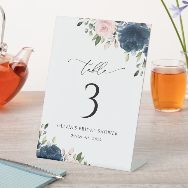 Navy Blue Flowers, Pink Flowers, Table Numbers Pedestal Sign (In SItu)