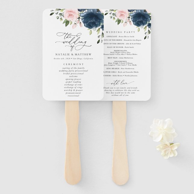 Navy Blue Flowers, Pink Flowers, Wedding Program Hand Fan (Front and Back)