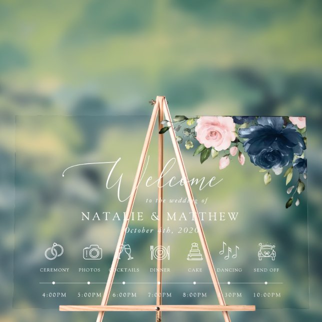 Navy Blue Flowers, Pink Flowers, Wedding Timeline Acrylic Sign (Neutral)
