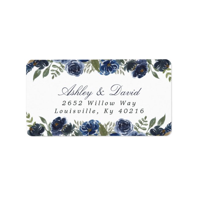 Navy Blue Flowers Watercolor Floral Address Label (Front)