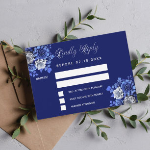 Navy blue flowers wedding response RSVP Card