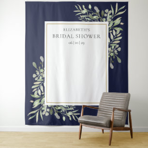Navy Blue Foliage Bridal Shower Photo Backdrop Tapestry