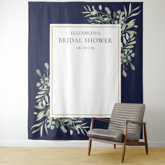 Navy Blue Foliage Bridal Shower Photo Backdrop Tapestry (In Situ)