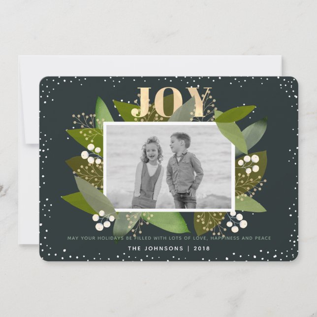 Navy Blue Foliage Christmas Holiday Photo Card (Front)
