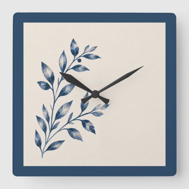 Navy Blue Foliage Minimalist Square Clock (Front)