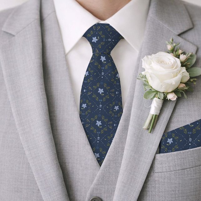 Navy Blue Folk Floral Wedding Tie (Creator Uploaded)