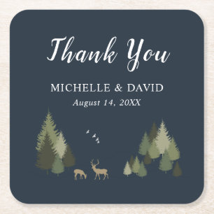 Navy Blue Forest Wedding Paper Coasters