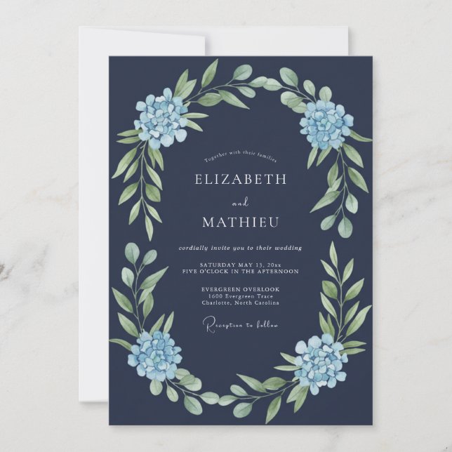 Navy Blue Formal Hydrangea Wedding Invitation (Front)