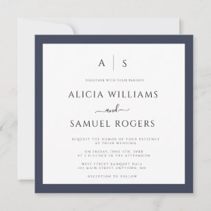 Navy Blue Frame Monogram Wedding Invitations