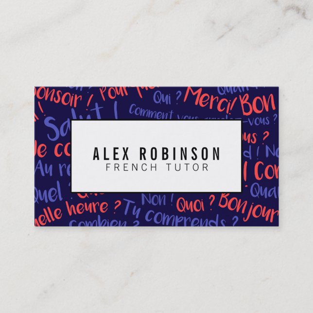 Navy blue french language tutor business card (Front)