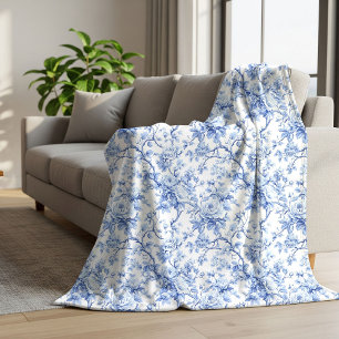 Navy Blue French Toile Roses Floral Blanket