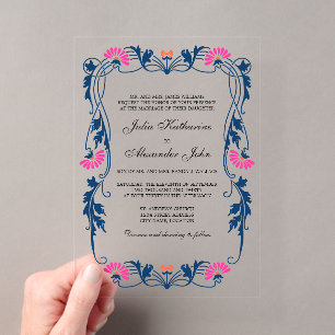 Navy Blue & Fuchsia Floral Swirls Acrylic Invitations