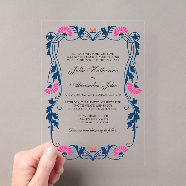 Navy Blue & Fuchsia Floral Swirls Acrylic Invitations (Insitu (Handheld))
