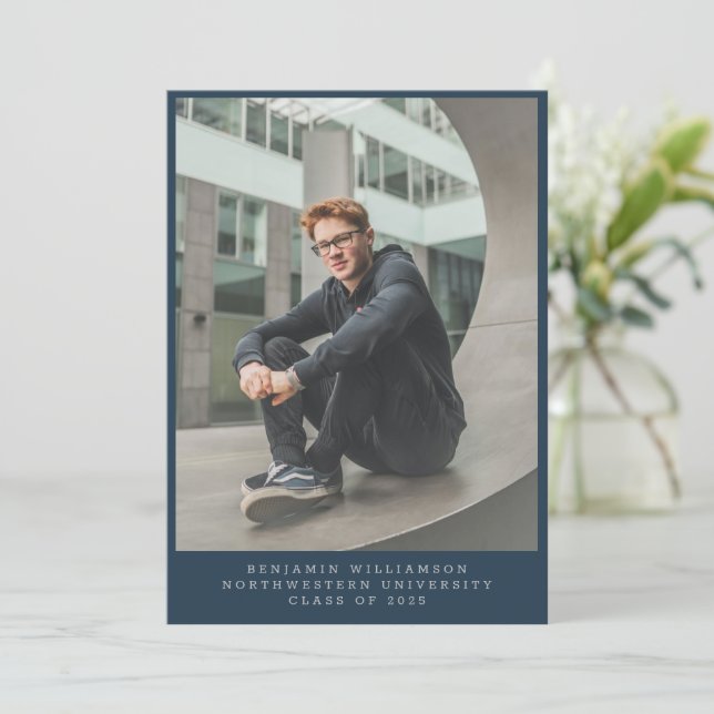 Navy Blue Full Frame Photo College Graduation Announcement (Standing Front)