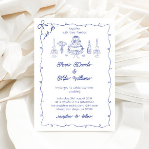 Navy Blue Funky Drawing Handwritting Wedding Invitation