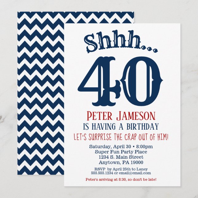 Navy Blue Funny Men's Surprise Party Invitation (Front/Back)