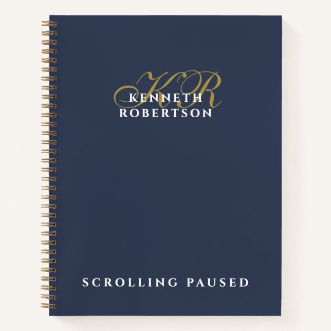 Navy Blue Funny Monogram Gold White Minimalist Men Notebook (Front)