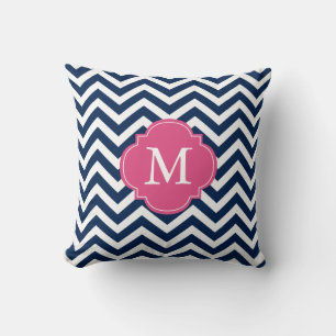 Navy Blue Fuschia Zigzag Pattern Monogram Throw Pillow