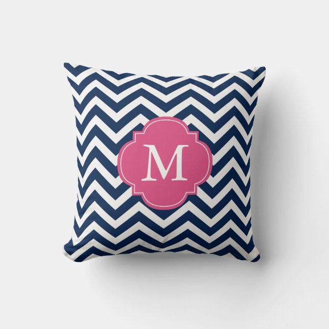 Navy Blue Fuschia Zigzag Pattern Monogram Throw Pillow (Front)