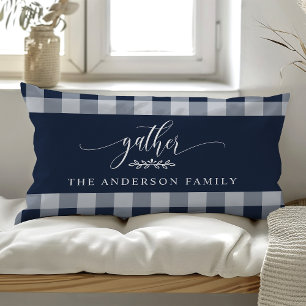 Navy Blue Gather Buffalo Plaid Family Name Lumbar Pillow
