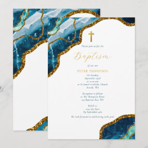 Navy Blue Geode Agate Gold Cross Baptism Invitation