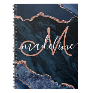 Navy Blue Geode Agate Rose Glitter Monogrammed Notebook