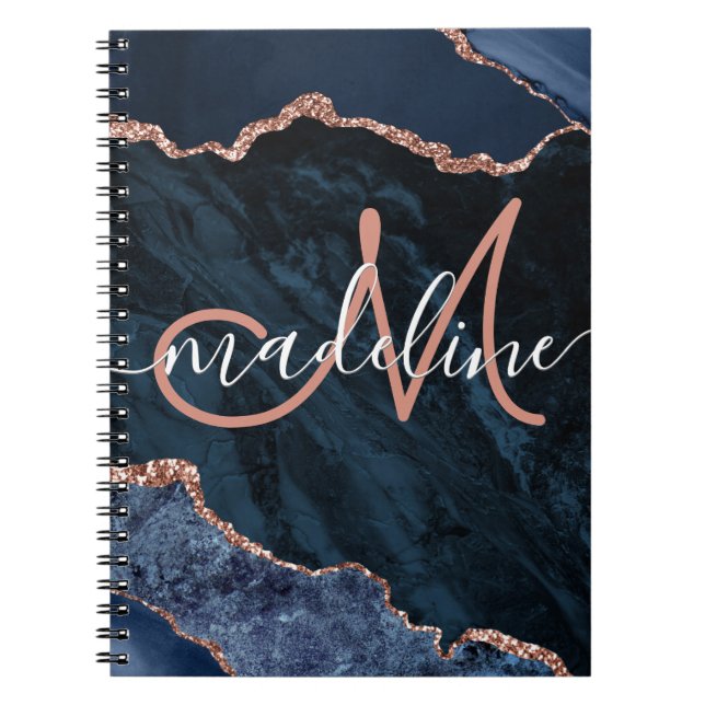 Navy Blue Geode Agate Rose Glitter Monogrammed Notebook (Front)