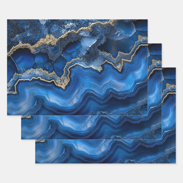 Navy Blue Geode Slice with Gold Veins Wrapping Paper Sheet (Set)