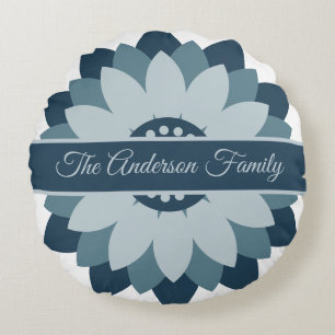 Navy Blue Geometric Floral Medallion Abstract Round Pillow
