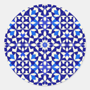 Navy Blue Geometric Floral Pattern Classic Round Sticker