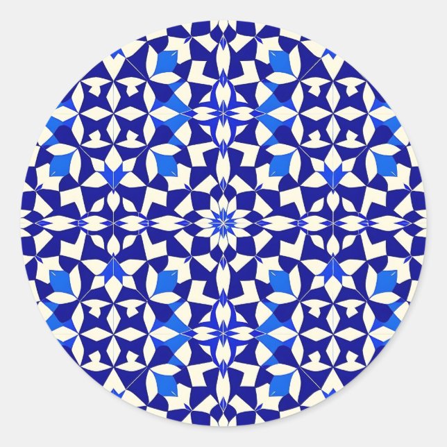 Navy Blue Geometric Floral Pattern Classic Round Sticker (Front)